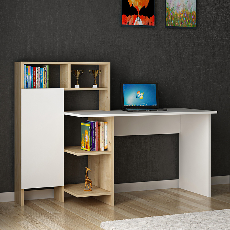 Γραφείο με βιβλιοθήκη Slate pakoworld χρώμα λευκό-φυσικό 120x60x112εκ