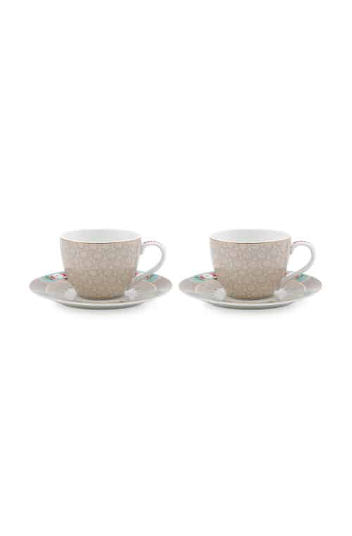 Set of 2 Espresso Cups & Saucers Pip Studio Blushing Birds Khaki 120 ml