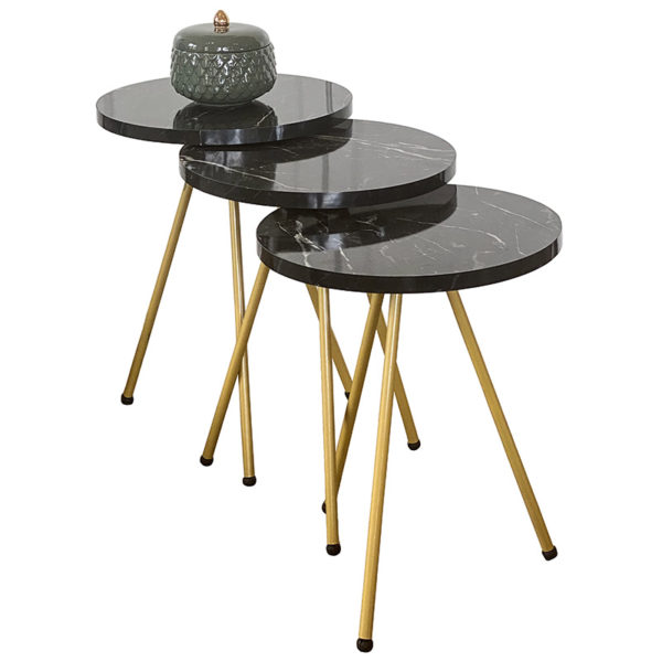 Βοηθητικά τραπέζια σαλονιού Mariz pakoworld σετ 3τεμ μαύρο μαρμάρου-χρυσό