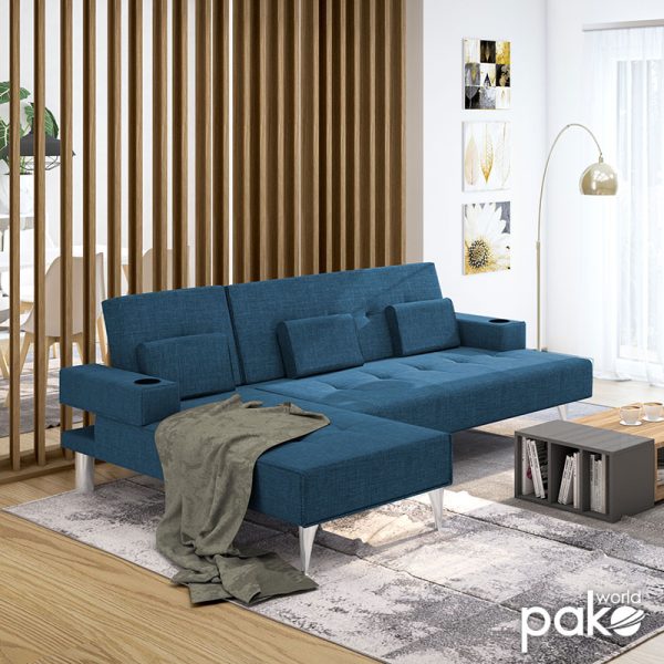 Γωνιακός καναπές κρεβάτι Luxury pakoworld σε μπλε ύφασμα 258x156x84εκ