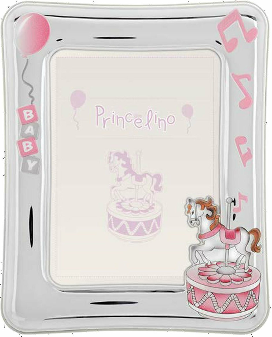 Ασημένια παιδική κορνίζα εκρού καρουζέλ ροζ Prince Silvero 13x18cm