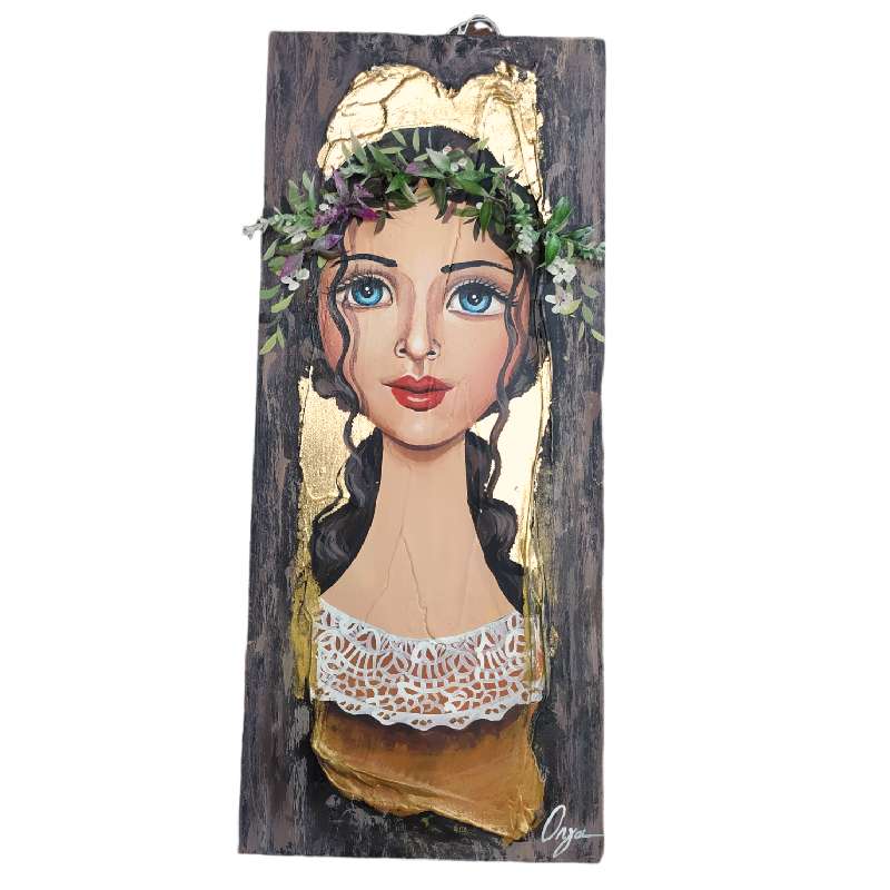 Ξύλινος Χειροποίητος Πίνακας Ζωγραφικής Κοπέλα Ανθοστολισμένη 40x17cm