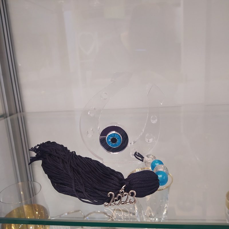 Διακοσμητικό Γούρι Πέταλο Με Μάτι Ασημί Επιτραπέζιο 10x11 cm
