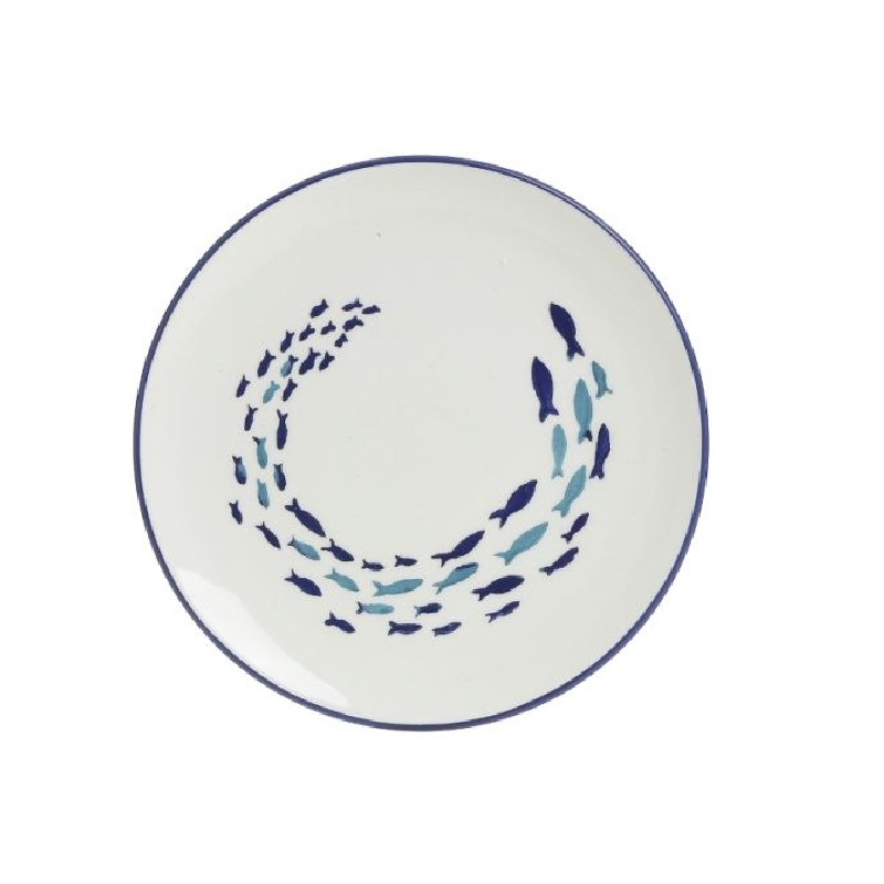 Σετ 6 Πιάτα Γλυκού Κεραμικά Ψαράκια Μπλε/Λευκό 20cm