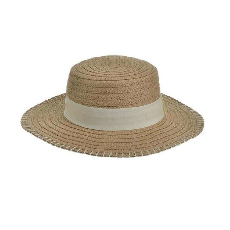 Καπέλο Ψάθινο Διάτρητο Μπεζ με Λευκή Κορδέλα 35x10cm